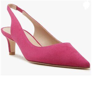 FOWT Coral Suede Mid Heel Pointed Toe Slingback Sandals Elastic Strap Pink Pumps